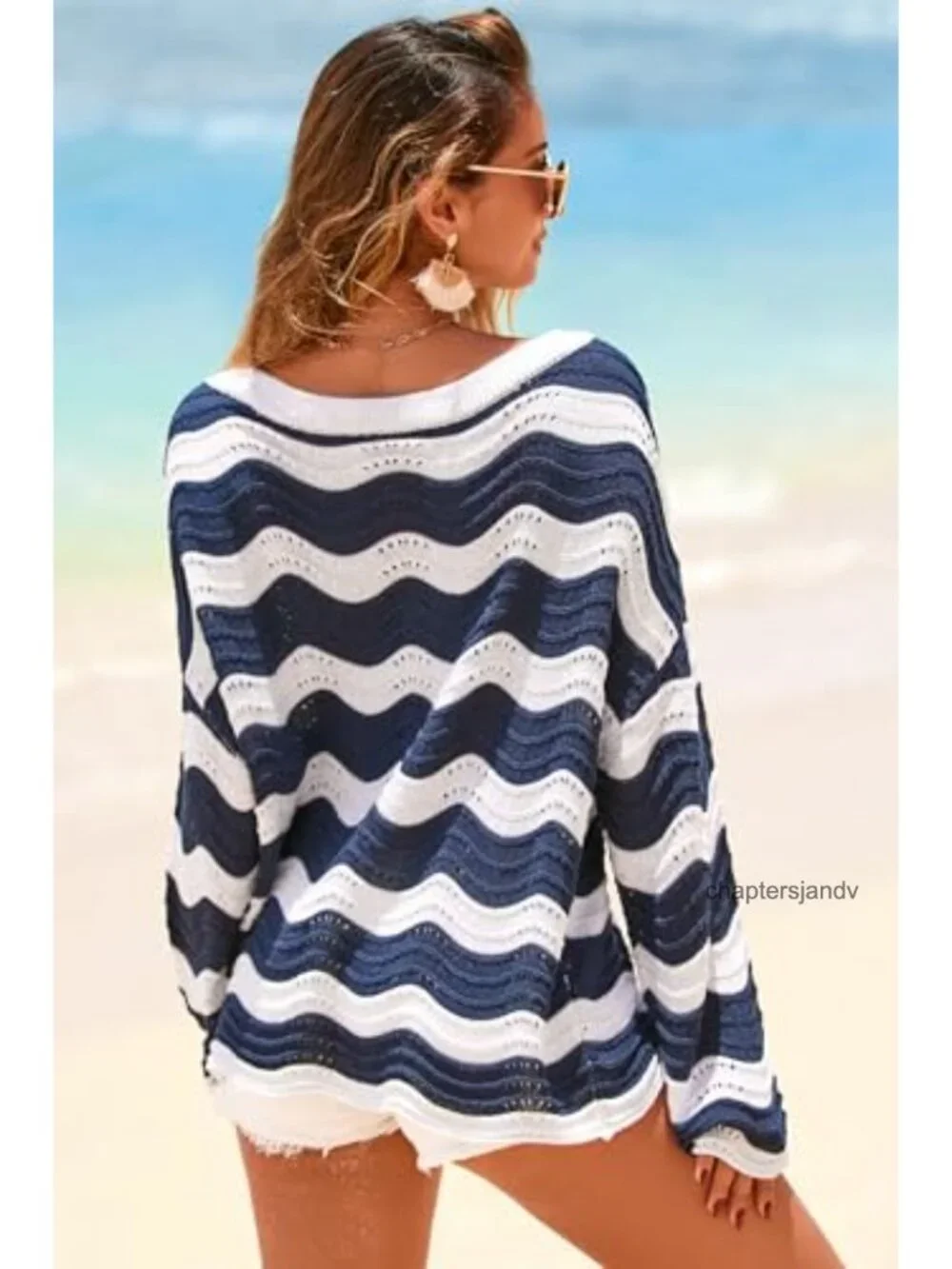 Linen Blend Crochet Bell Sleeve Striped Beach Cover-Up Top